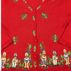 B.P. Design Red Nutcracker Christmas Cardigan Sweater Womens Medium Holly Beaded